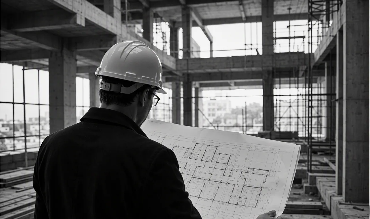 Arquitecto revisando los planos en una obra dirigida por el estudio